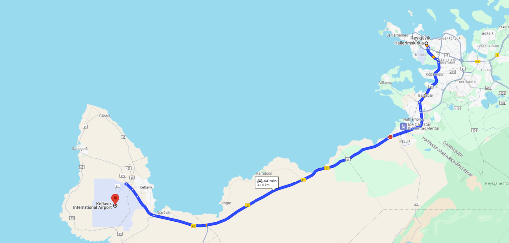 Location of KEf airport and route from Reykjavik to airprot