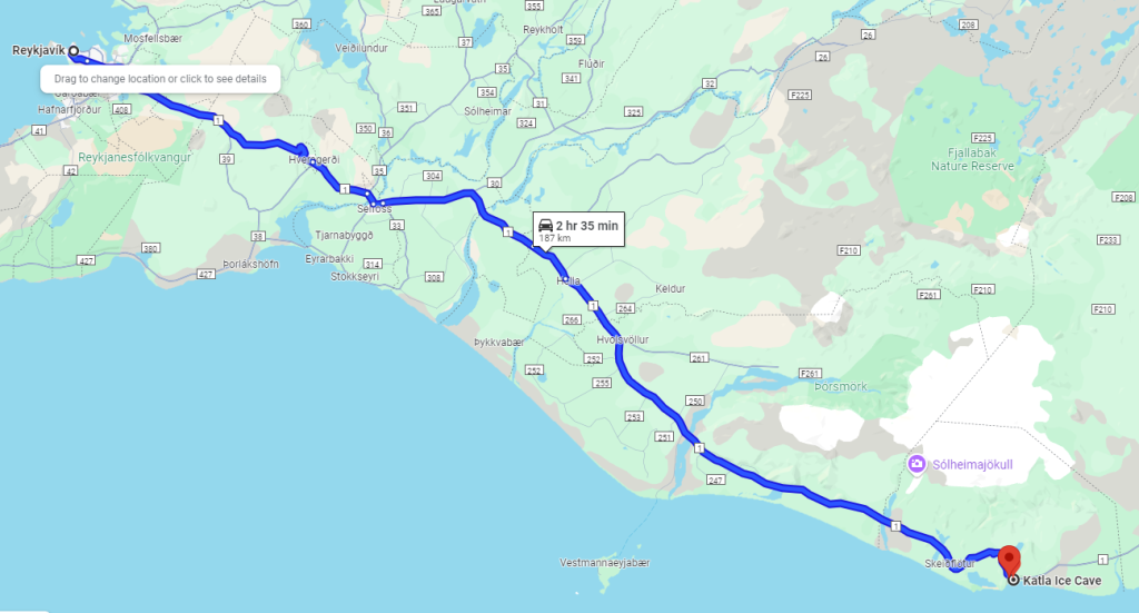 route from Reykjavik to katla ice cave meeting point